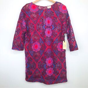 AMT NEW Deep Red Crochet Floral Mini Sheath Dress